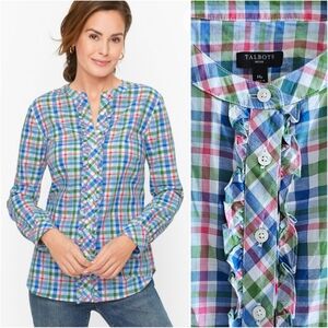 Talbots Petite Cotton Linen Ruffle Button Front Shirt - Picnic Colorful Plaid, M